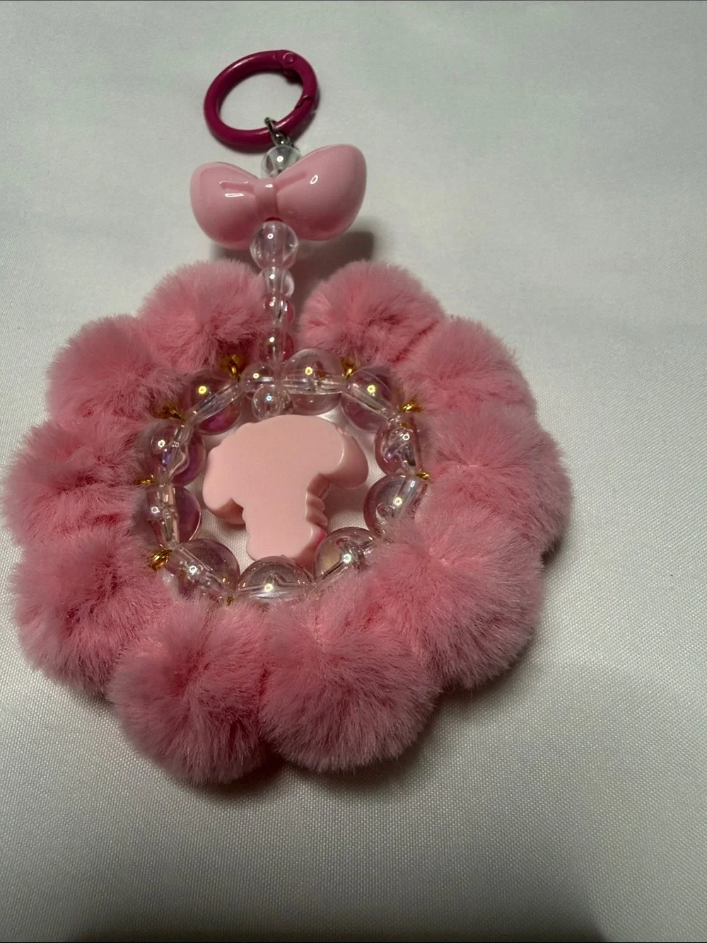 Cute Pink Pom-Pom Keychain Card Holder with Character Charm